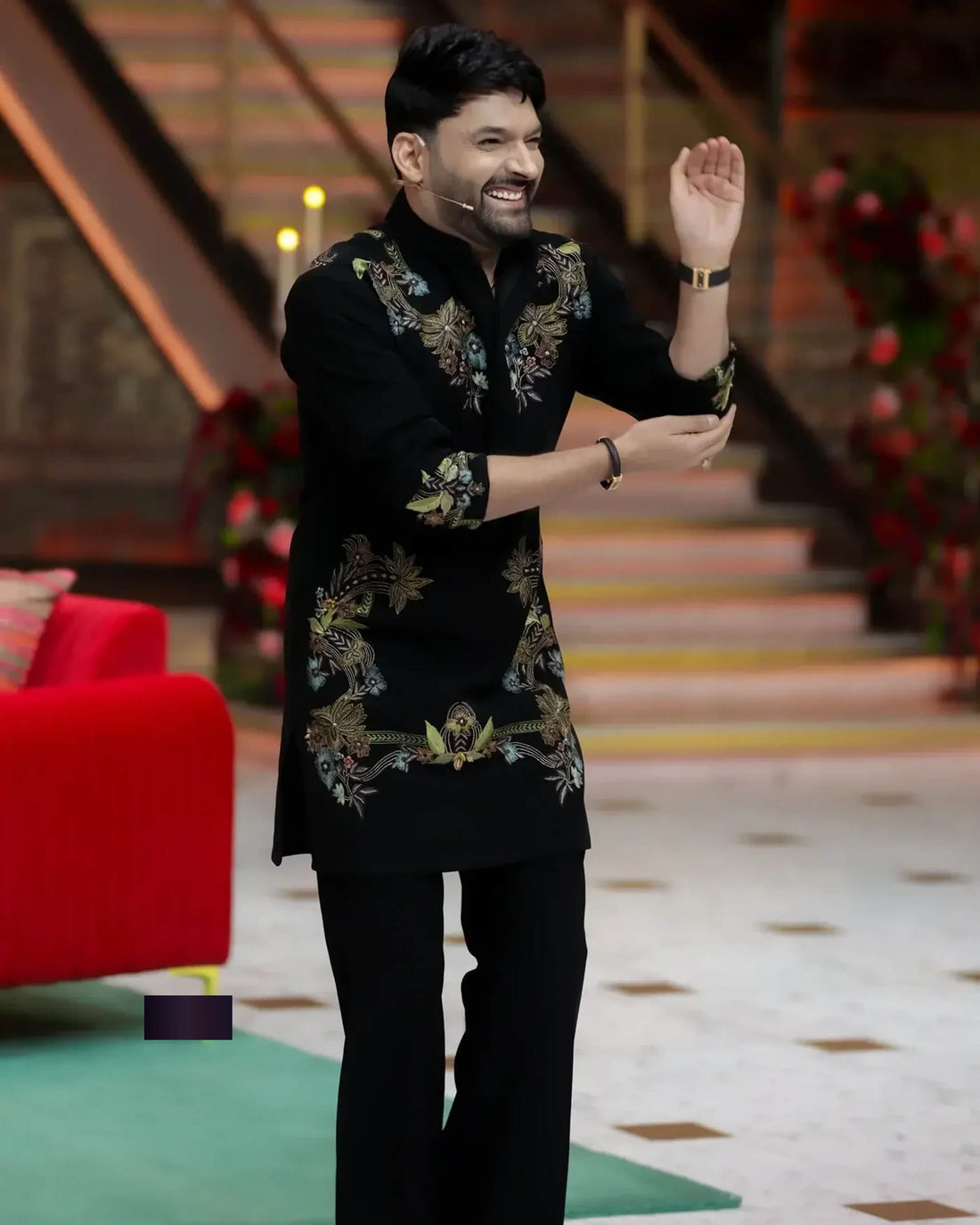 Floral Black Embroidered Ethnic Kurta for Men