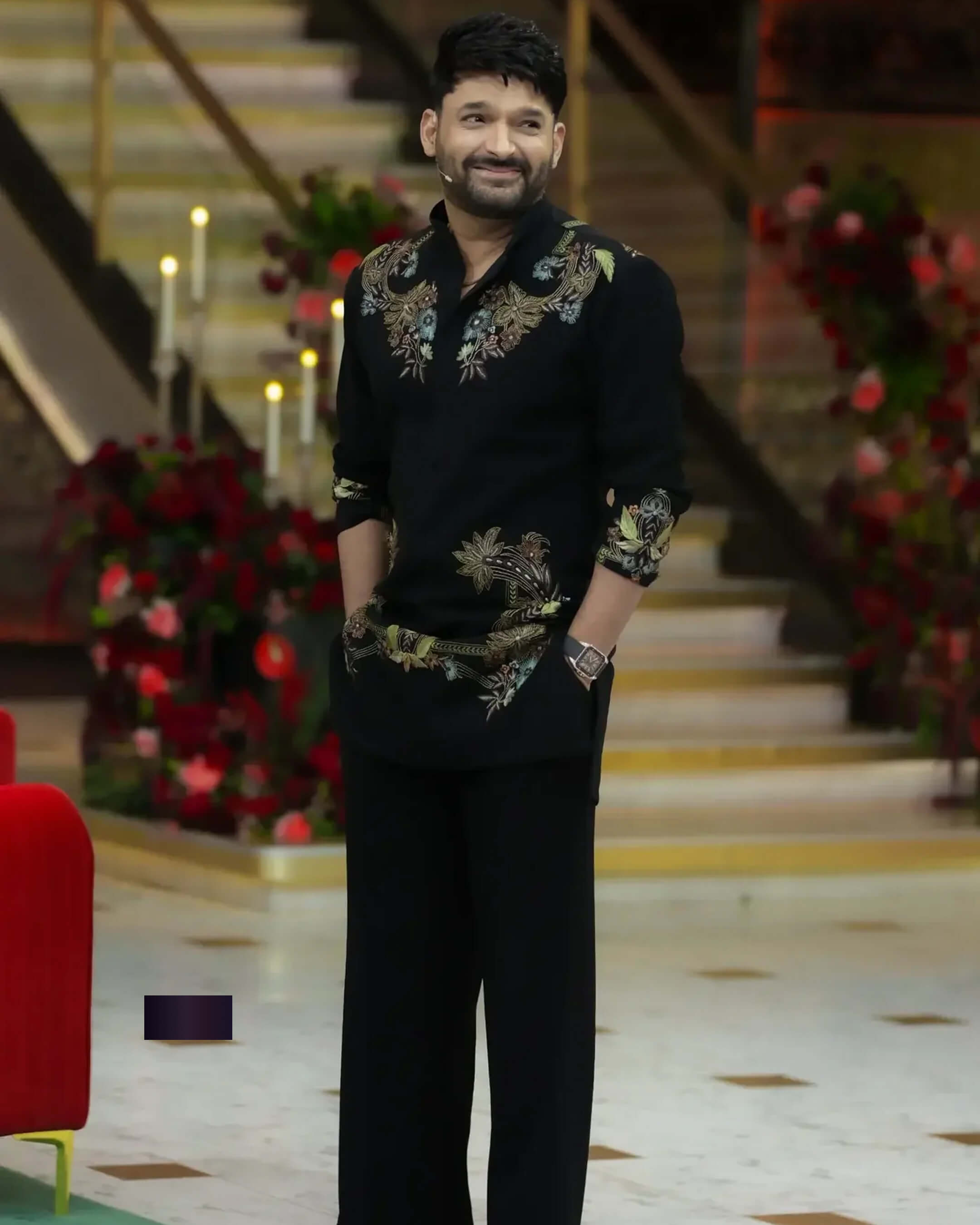 Floral Black Embroidered Ethnic Kurta for Men