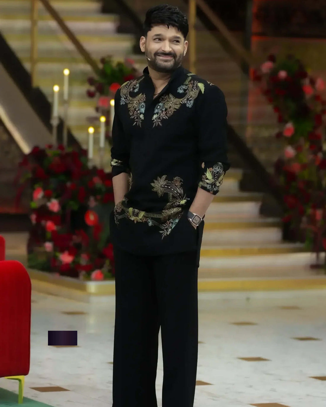 Floral Black Embroidered Ethnic Kurta for Men