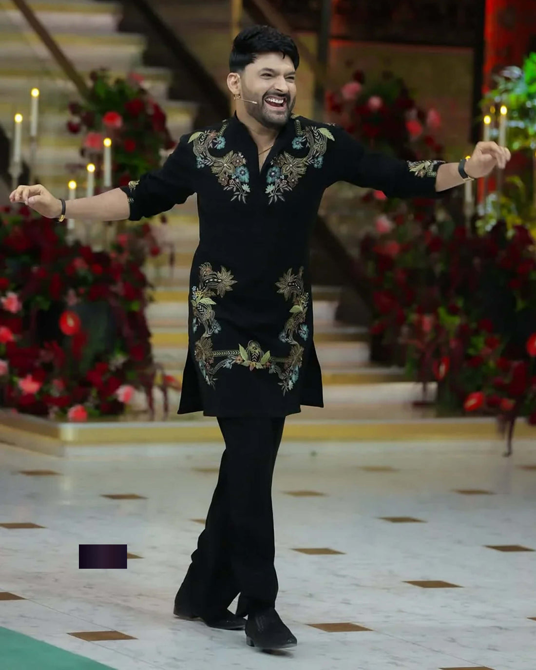 Floral Black Embroidered Ethnic Kurta for Men