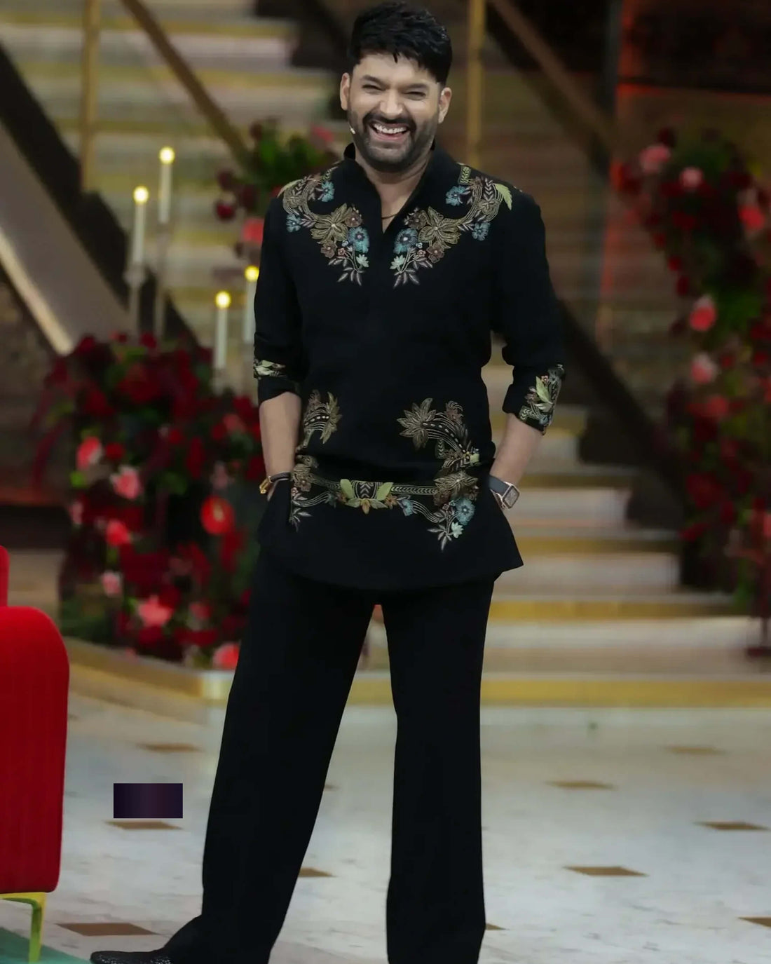 Floral Black Embroidered Ethnic Kurta for Men