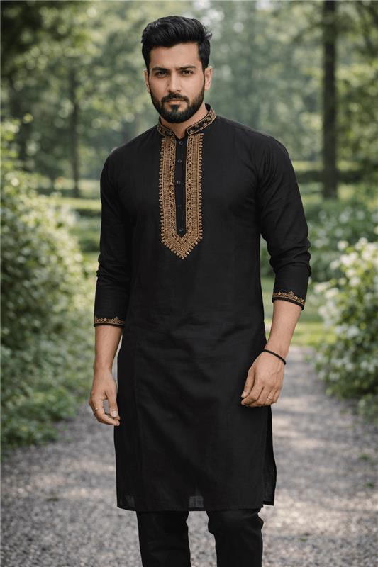 Midnight Black Designer Embroidered Kurta Set for Men - Luxury Festive & Wedding Wear