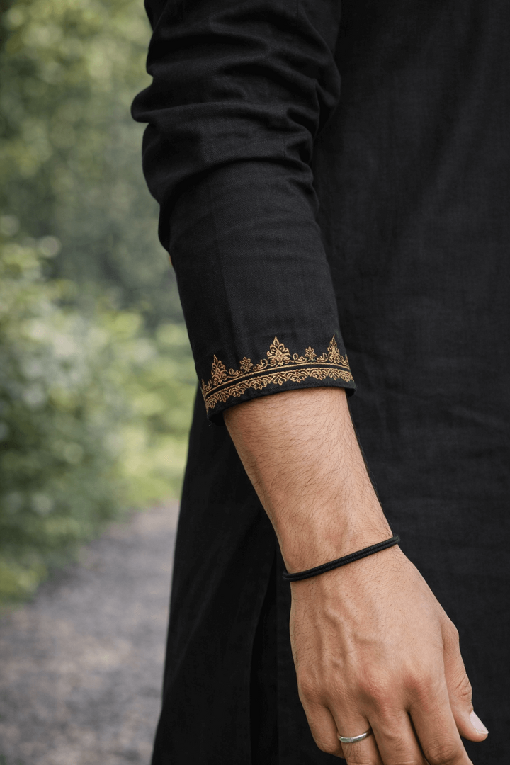 Midnight Black Designer Embroidered Kurta Set for Men - Luxury Festive & Wedding Wear