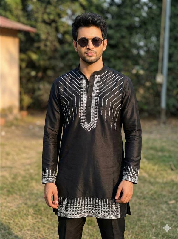 Designer Black Rhinestone Kurta for Men - Festive Ethnic Wear