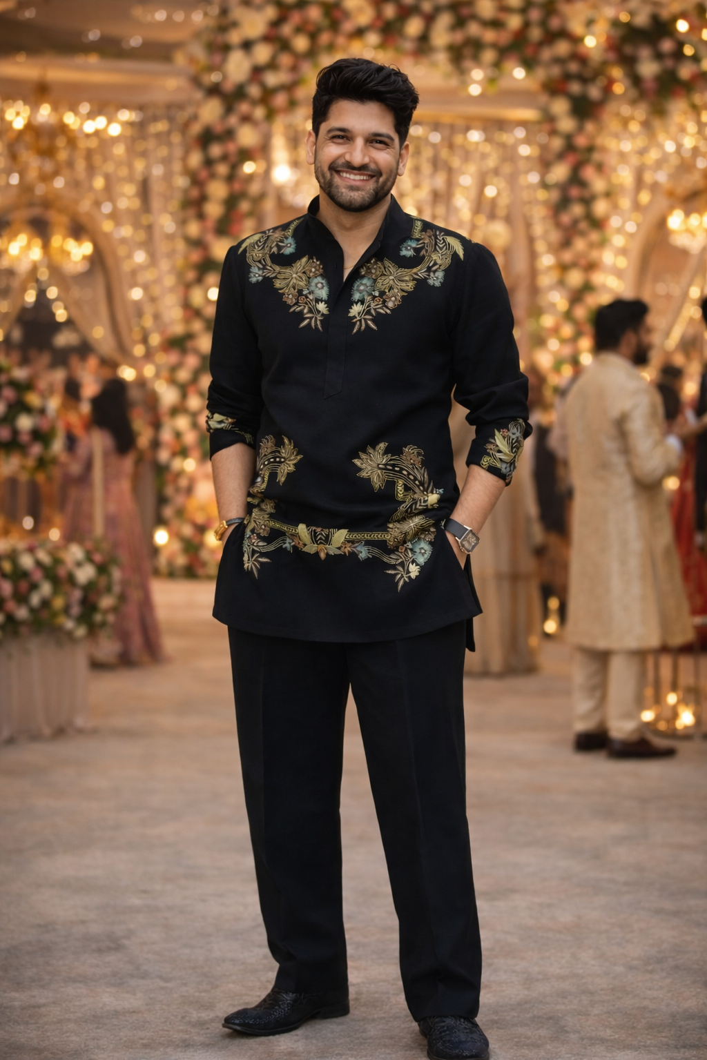 Floral Black Embroidered Ethnic Kurta for Men