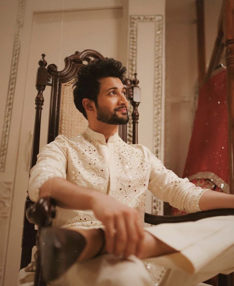 Cream Mirror Work Kurta Set with Trousers for Men - Festive & Wedding Wear