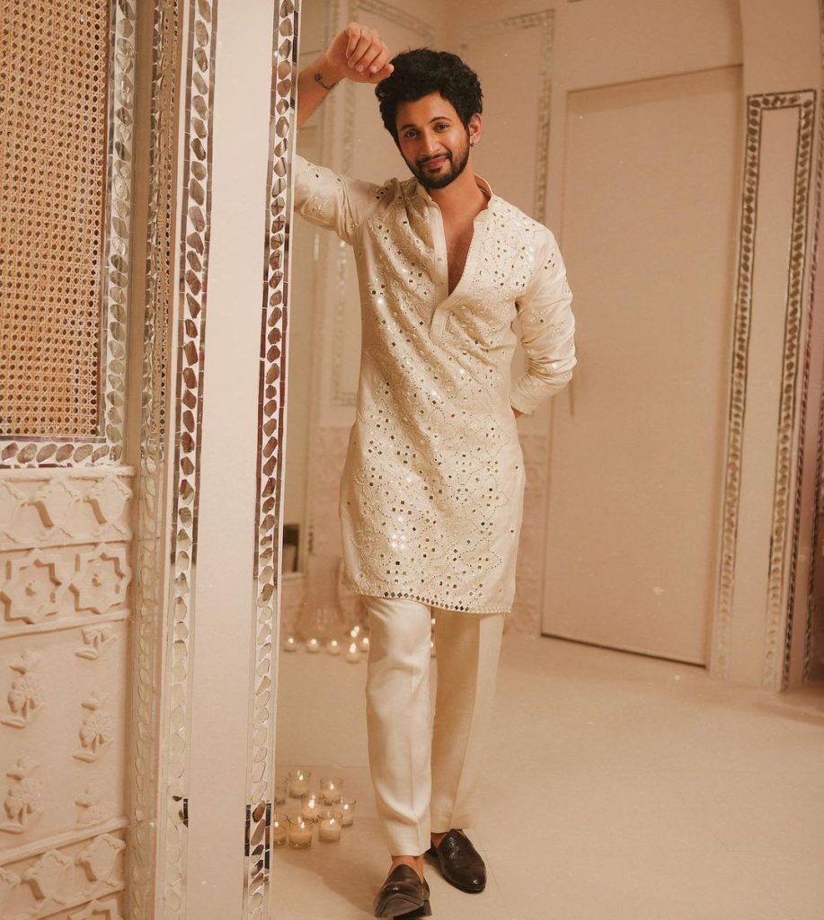 Cream Mirror Work Kurta Set with Trousers for Men - Festive & Wedding Wear