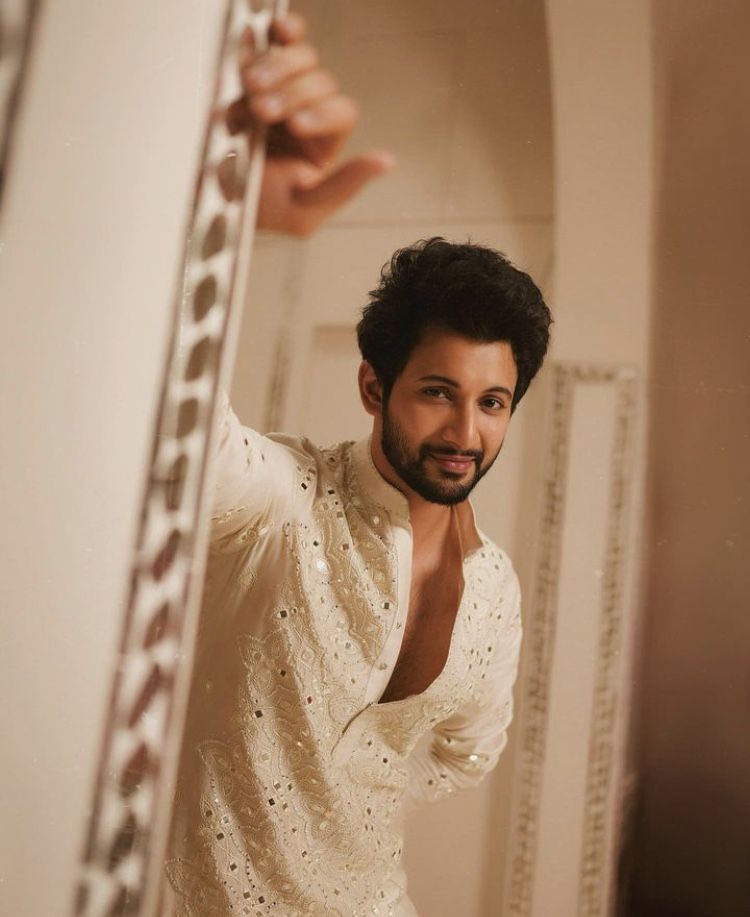 Cream Mirror Work Kurta Set with Trousers for Men - Festive & Wedding Wear