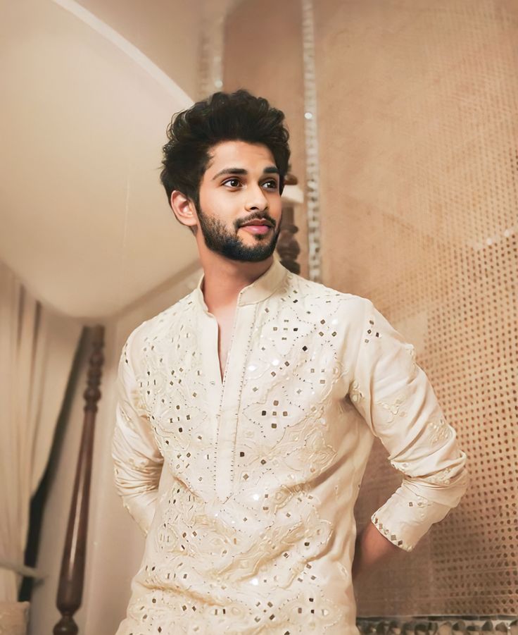 Cream Mirror Work Kurta Set with Trousers for Men - Festive & Wedding Wear