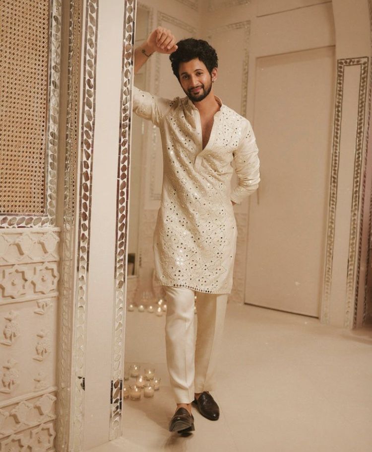 Cream Mirror Work Kurta Set with Trousers for Men - Festive & Wedding Wear