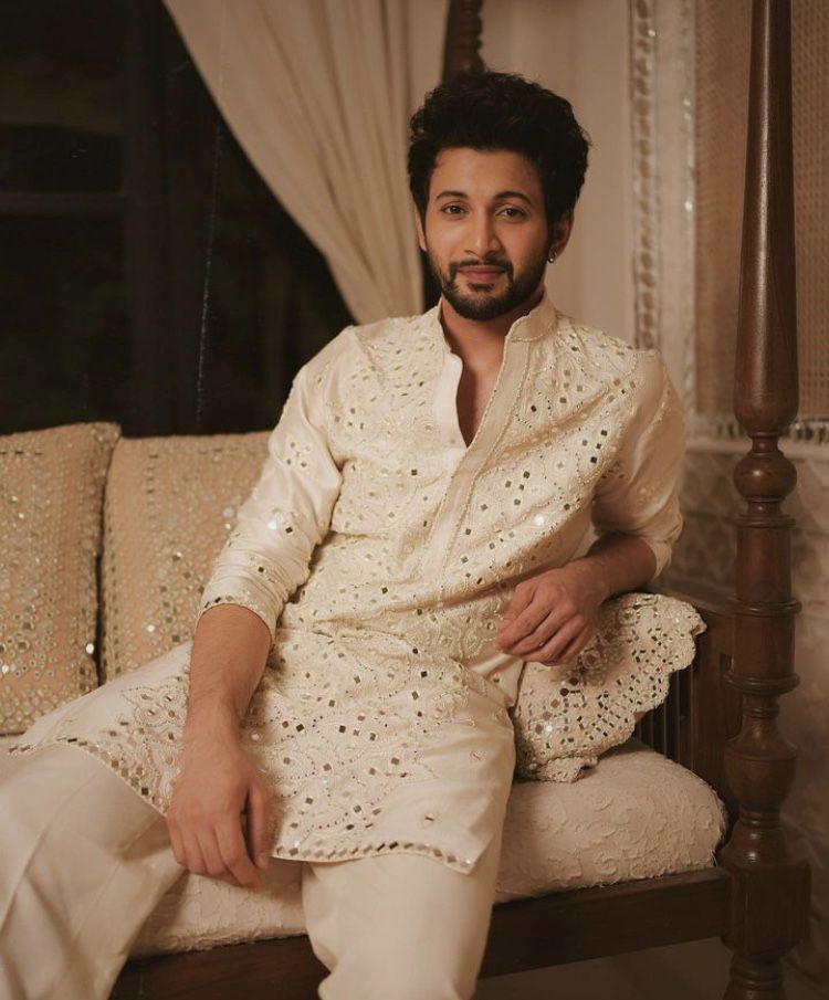 Cream Mirror Work Kurta Set with Trousers for Men - Festive & Wedding Wear