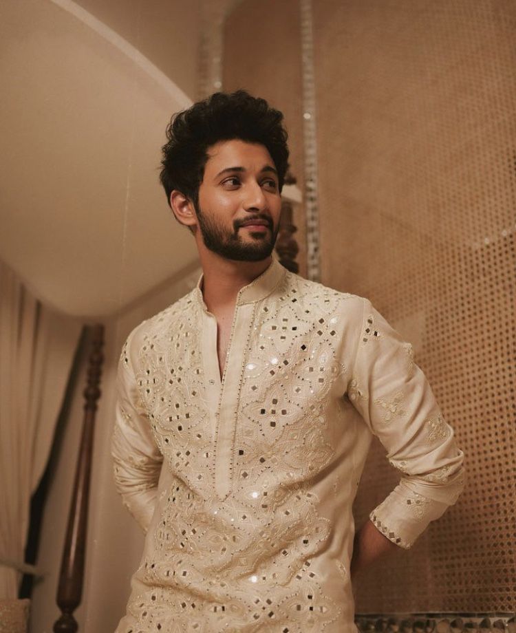 Cream Mirror Work Kurta Set with Trousers for Men - Festive & Wedding Wear