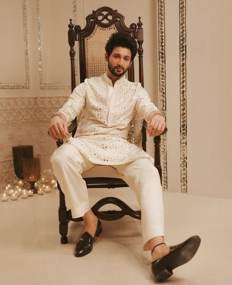 Cream Mirror Work Kurta Set with Trousers for Men - Festive & Wedding Wear