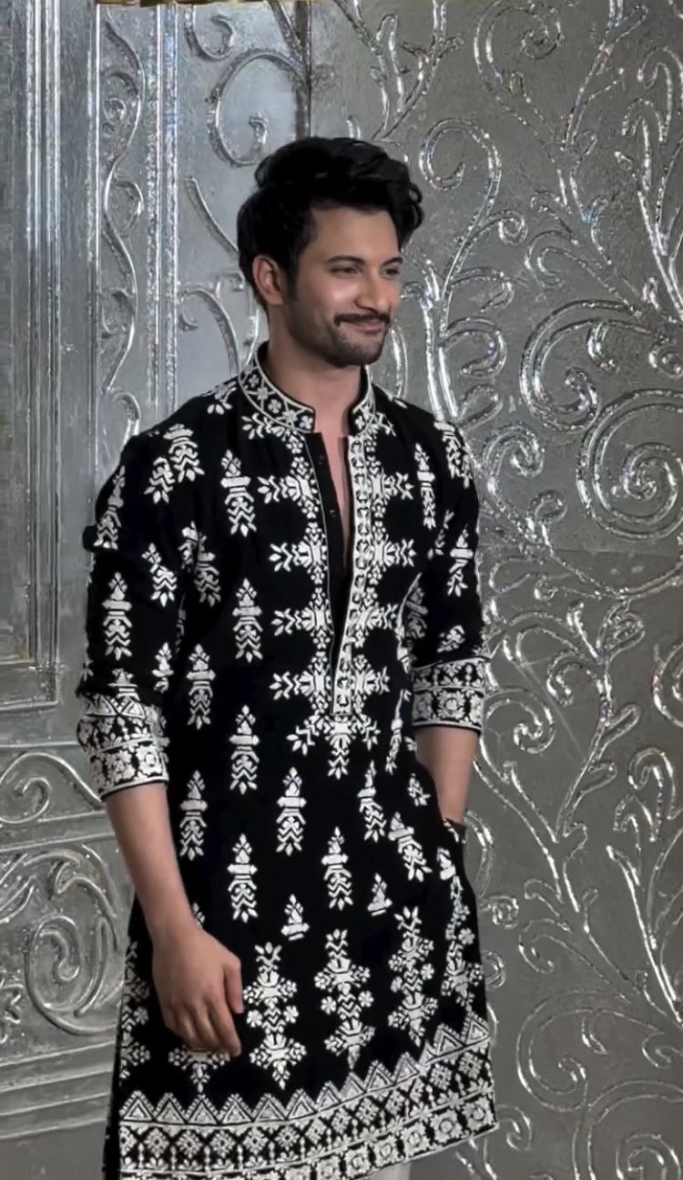 Black Velvet Designer Kurta with Detailed White Embroidery