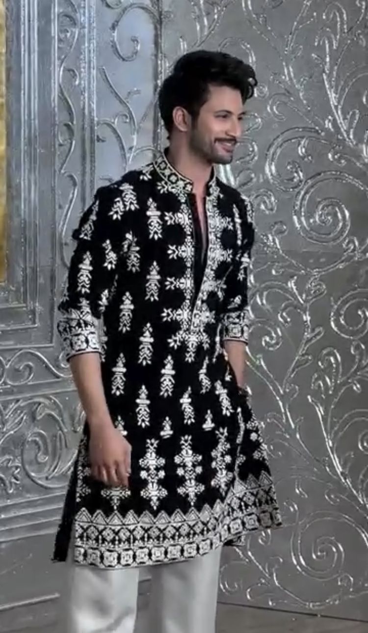 Black Velvet Designer Kurta with Detailed White Embroidery