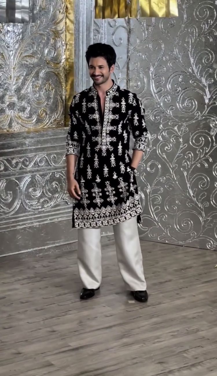 Black Velvet Designer Kurta with Detailed White Embroidery