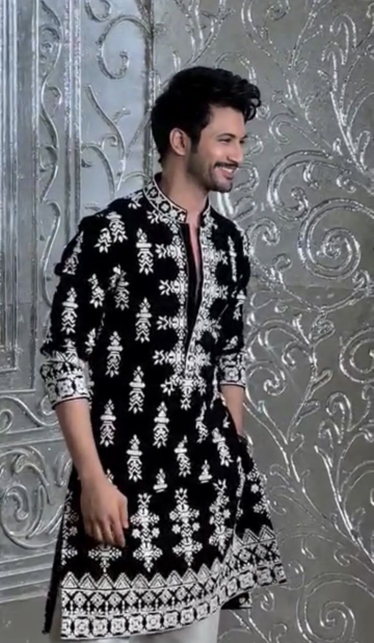 Black Velvet Designer Kurta with Detailed White Embroidery