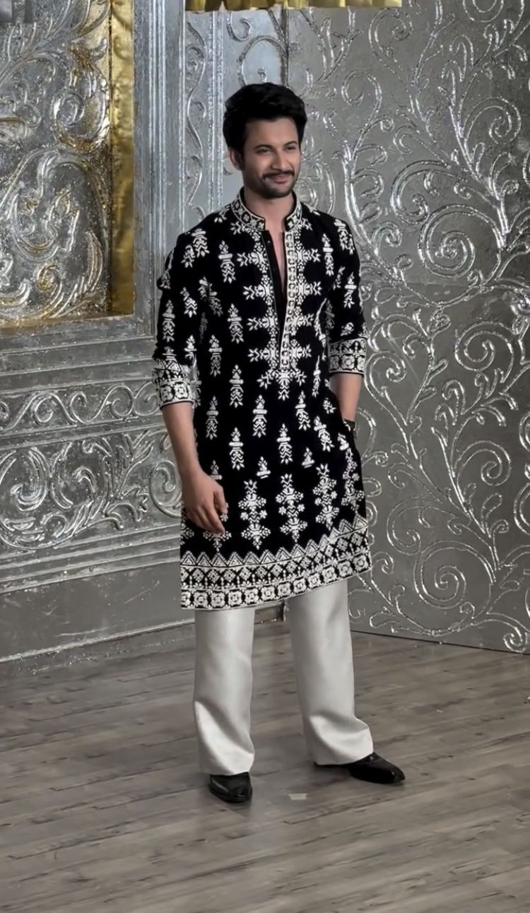 Black Velvet Designer Kurta with Detailed White Embroidery