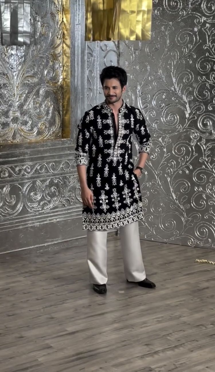 Black Velvet Designer Kurta with Detailed White Embroidery