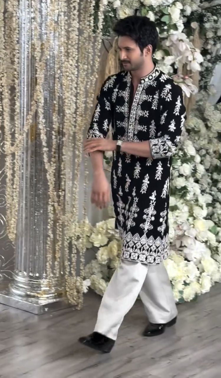 Black Velvet Designer Kurta with Detailed White Embroidery