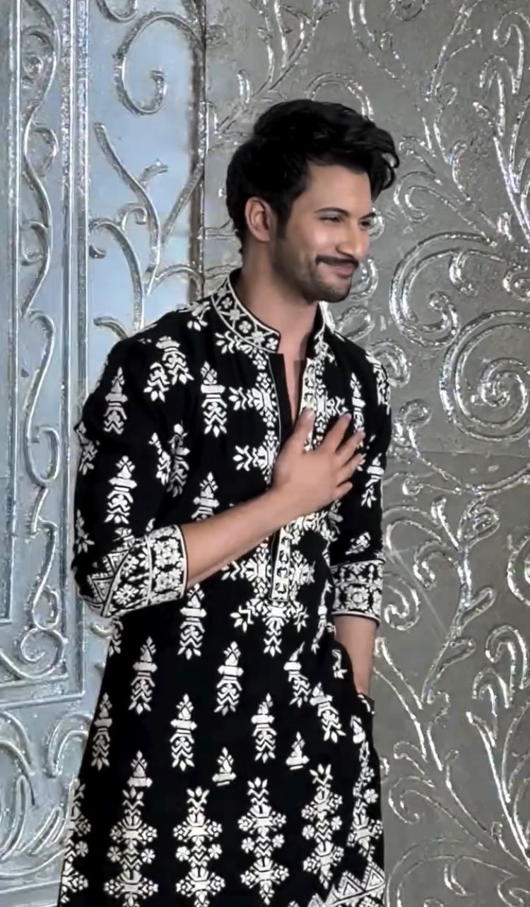 Black Velvet Designer Kurta with Detailed White Embroidery