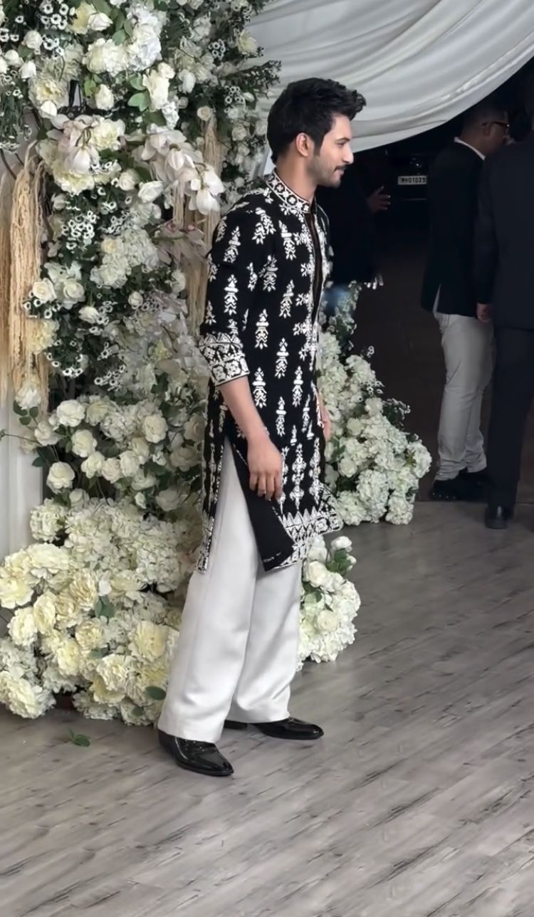 Black Velvet Designer Kurta with Detailed White Embroidery