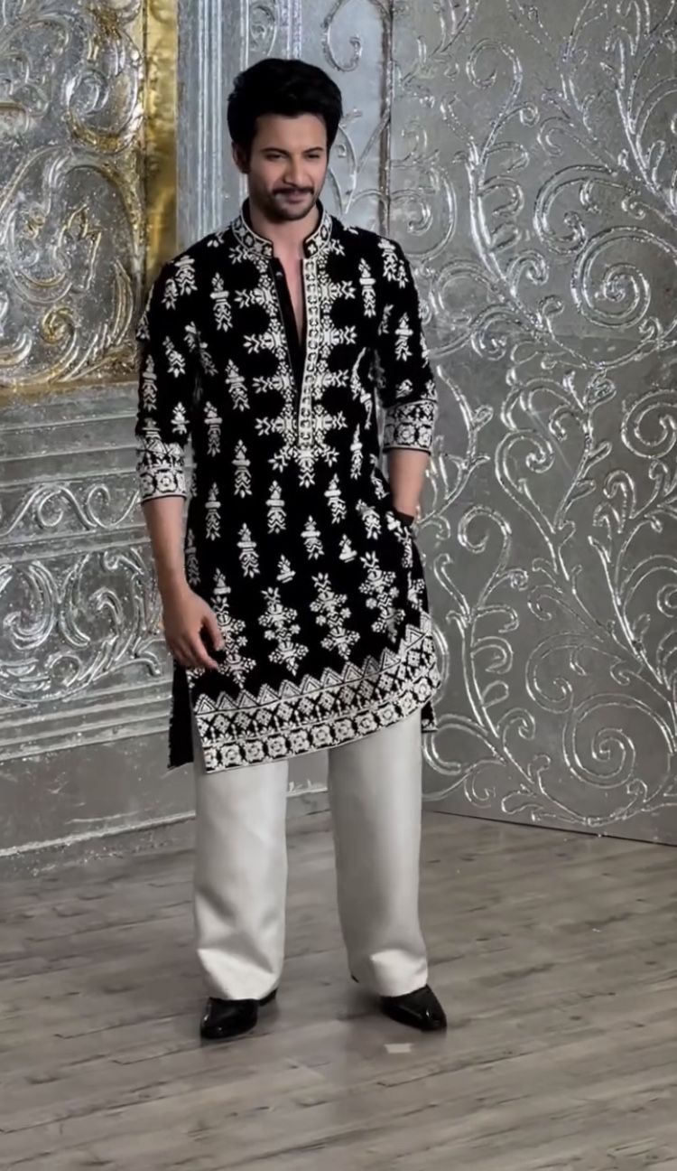 Black Velvet Designer Kurta with Detailed White Embroidery