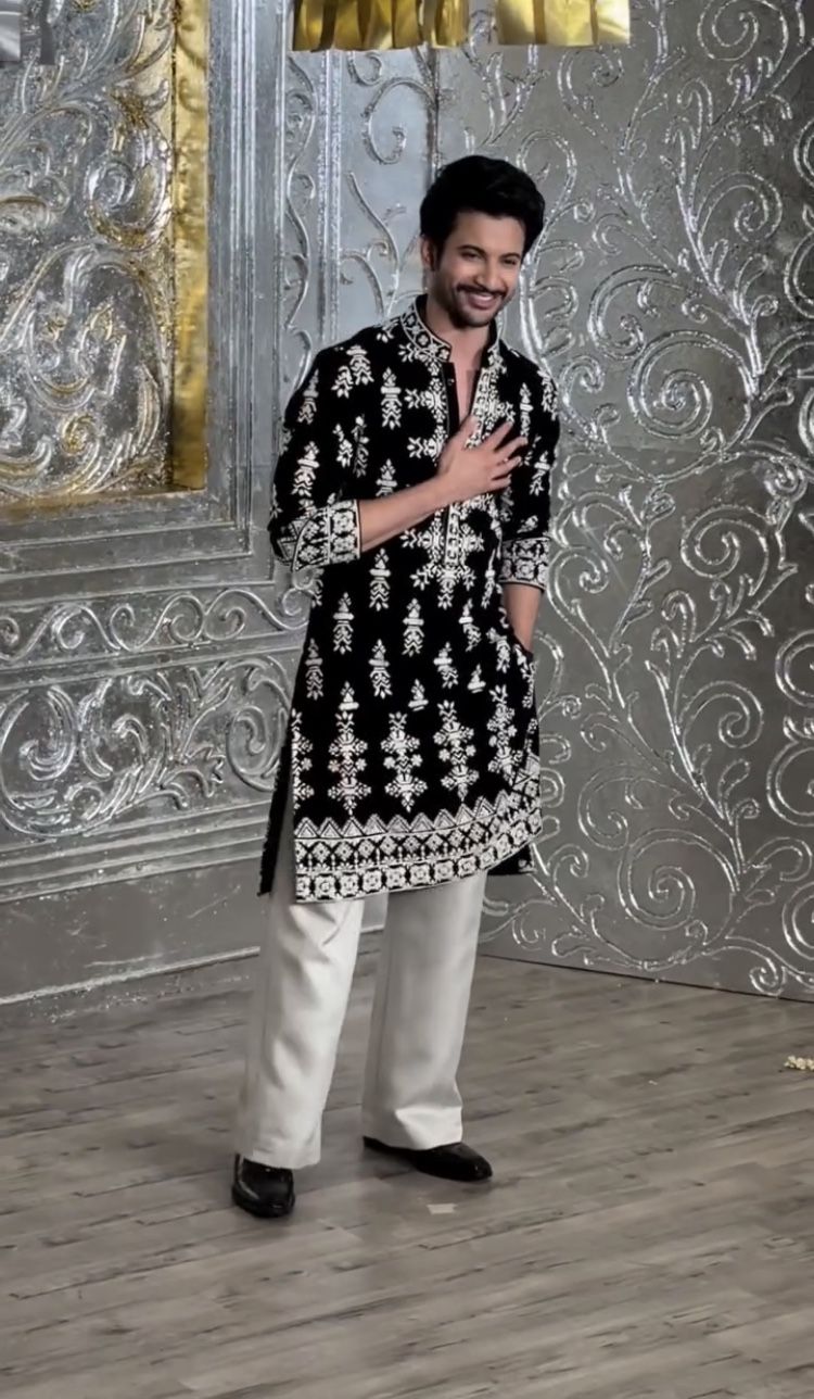 Black Velvet Designer Kurta with Detailed White Embroidery